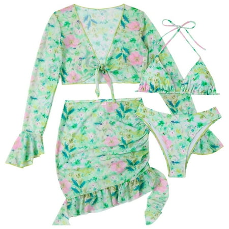 QYZEU Women Swimsuits with Sleeves Fashion Comfortable Print Bikini Suit Long Sleeve Cover Up with Skirt Four Piece Swimsuit Breathable Lightweight Swimwear Green M