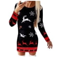 thumbnail image 4 of Women Christmas Outfit Women's Festive Holiday Printed Mini Dress with Long Sleeve Round Neck Above Knee Casual Fit Black S, 4 of 6