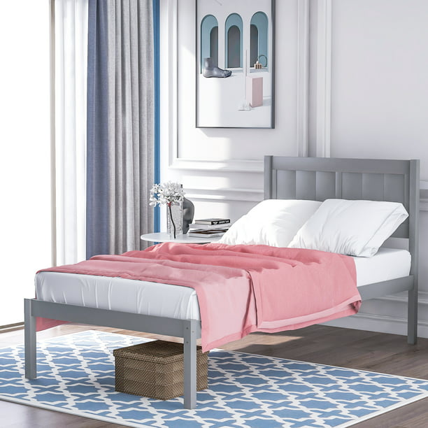 Twin Platform Bed With Headboard, Grey Twin Bed Frame With Headboard