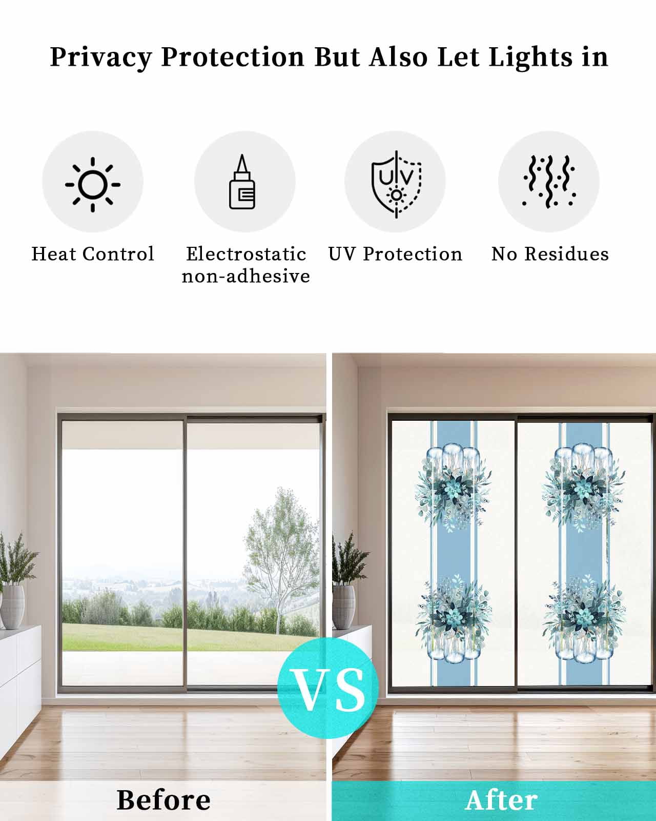 Window Privacy Film, Blue Eucalyptus UV Sun Blocking Window Tint Film Heat Control One Way Blackout Window Film, Spring Summer Floral Leaves Botanical Flowers Non Adhesive Static Cling 17.7x39.3 In
