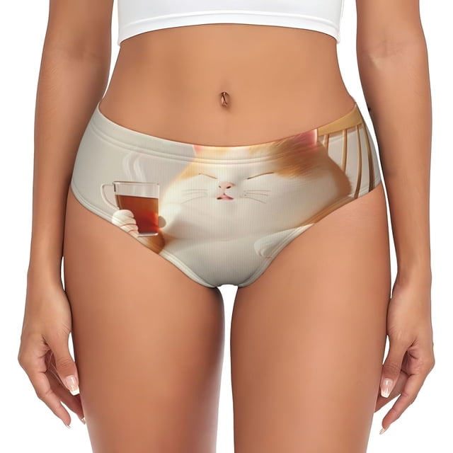 Fotbe Relaxing Cat With Tea Calzones Estampados para Mujer – Ropa Interior de Algodón, Cómoda, Suave y Elástica-X-Small