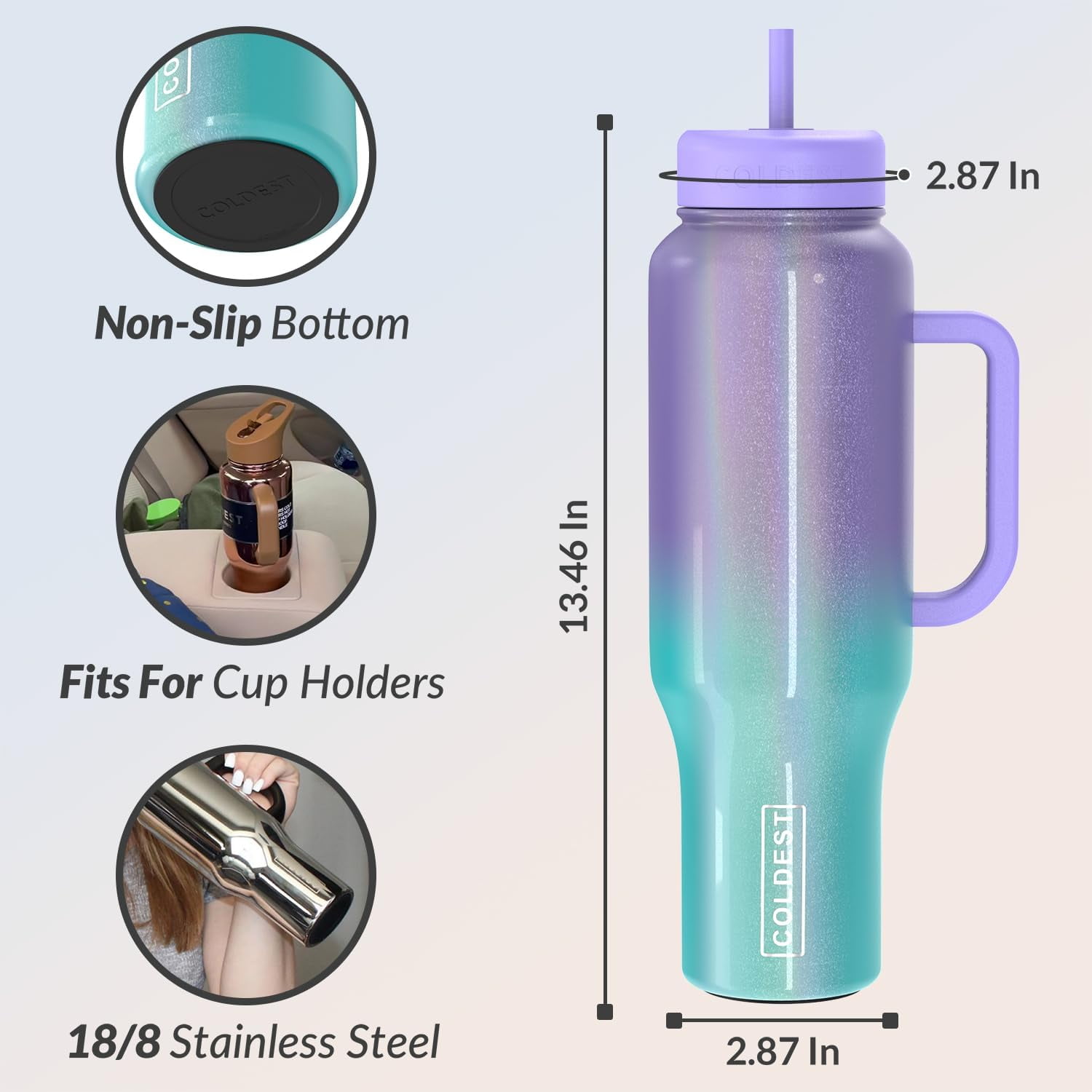 Coldest Tumbler with Handle and Straw Lid, 3 Lids Insulated Reusable Stainless Steel Water Bottle Travel Mug Gifts for Women Him Her, Limitless Collection (46 oz, Neptune Blue)