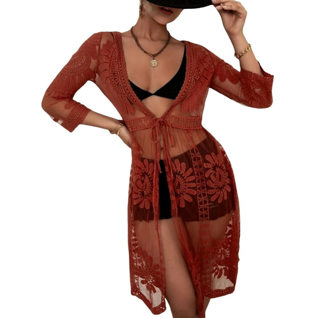 VISgogo Mujeres Playa Malla Cubrir, Traje de baño Smock Floral Impreso Encaje Abierto Kimono Verano Ropa de Playa VISgogo moda