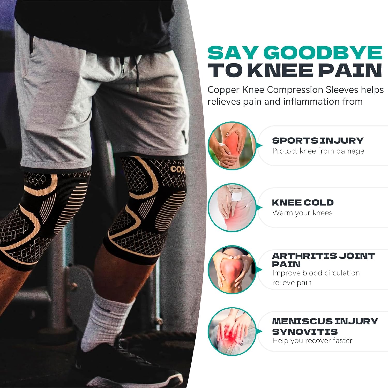Copper Knee Br for Women Men 2 Pack, Compression Sleeve Pain, Arthritis, Running,Sports and Recovery Support, M
