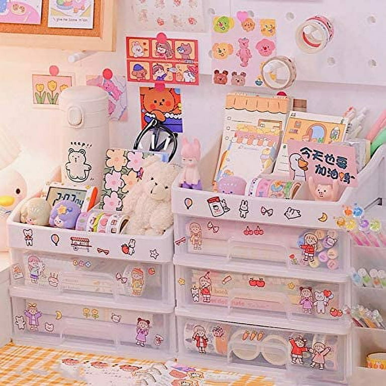 Kawaii Desk Organizer with Drawers for Teen Girls Cute Kawaii Desk  Organizer with Stickers DIY Fun School Supplies Stationery Makeup  Accessories