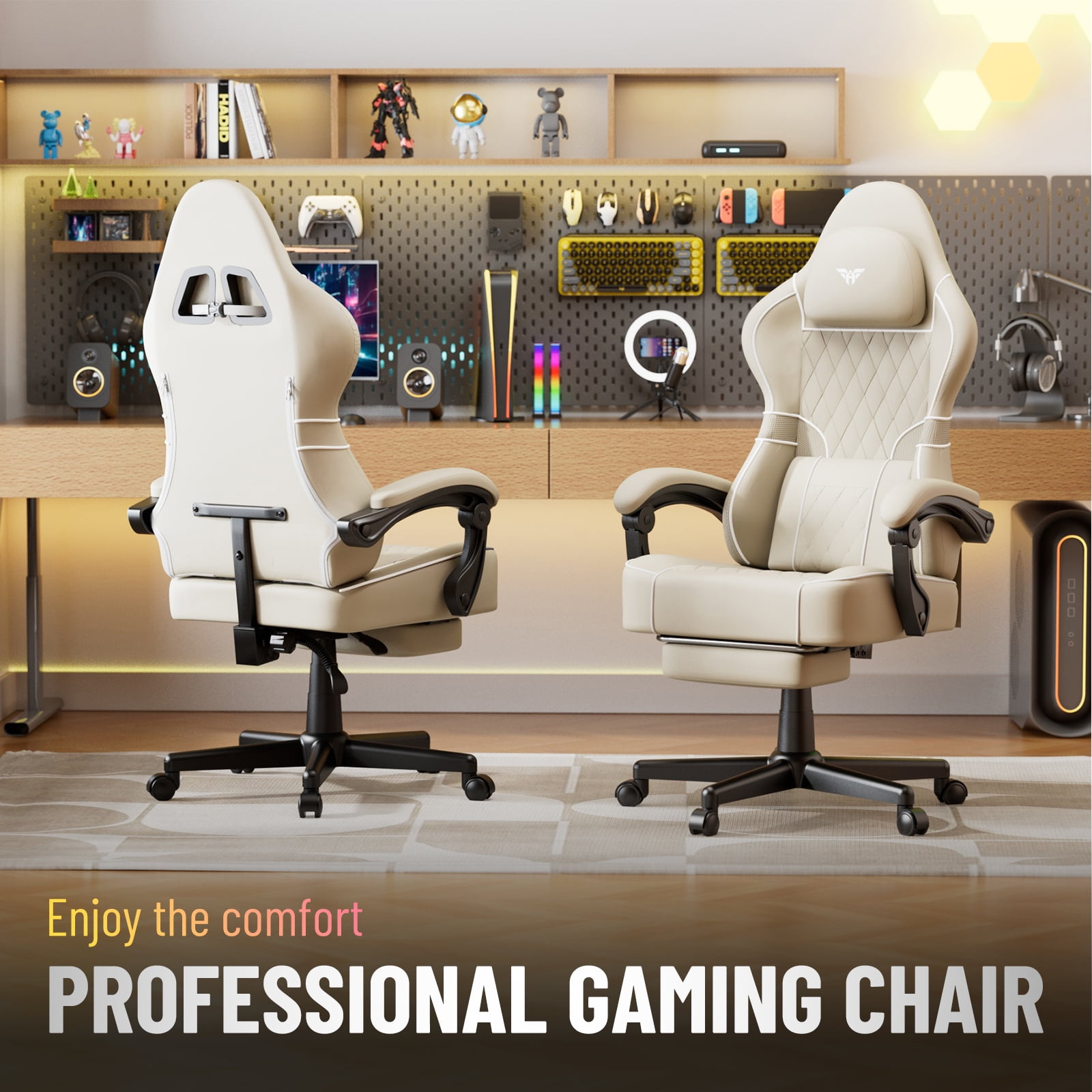 SOONTRANS Gaming Chair with Footrest, PU Leather High Back Comfortable Video Game Chair with Massage Lumbar Cushion, Racing Office Computer Desk Chair, Ergonomic Gamer Chair for Adults, Beige