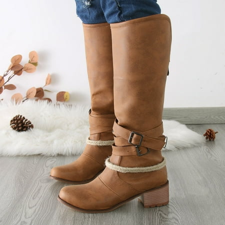 

Cathalem Leather Boots for Women Mid Calf with Buckle Womens Shoes Round Toe Belt Buckle Back Fashion Boots for Women Mid Calf Brown 9.5