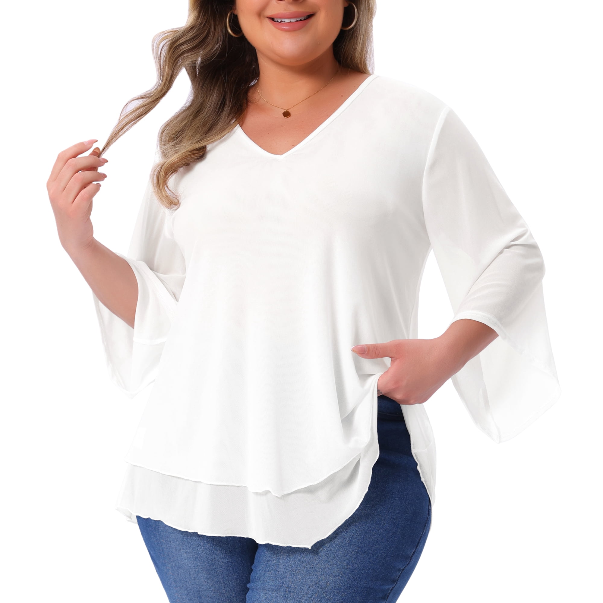 Women's Plus Shirt 3/4 Sleeve Scoop Neck Double Layers Blouse Top 3X White