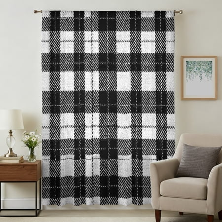 Black White Buffalo Plaid Sheer Curtains 45 Inches Long Farmhouse Geometric Checkered Light Filering Curtains Breathable Simi Curtain Privacy Drapes for Kitchen Bathroom Window Treatment