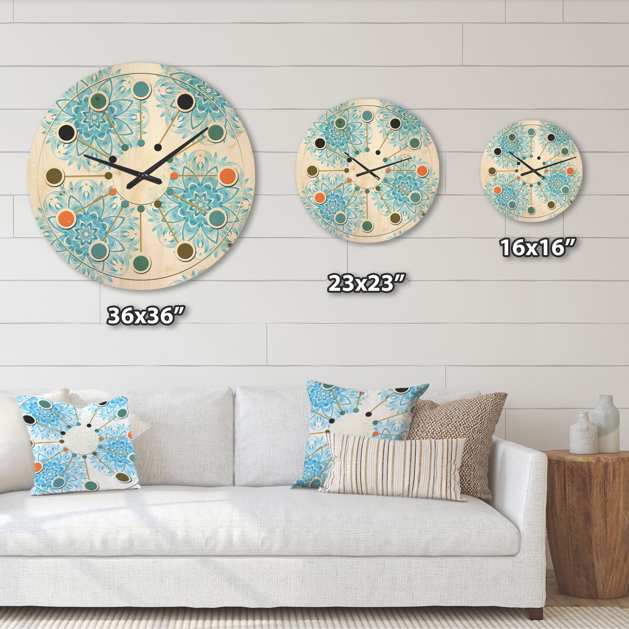 Designart 'Circular Retro Geometric In Blue' Mid-Century Modern Wood Wall Clock