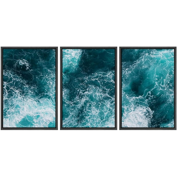 wall26 Framed Wall Art Print Set Aerial View of Dark Ocean Waves Nature Wilderness Photography Modern Art Beach Nautical Colorful for Living Room, Bedroom, Office - 16"x24"x3 BLACK