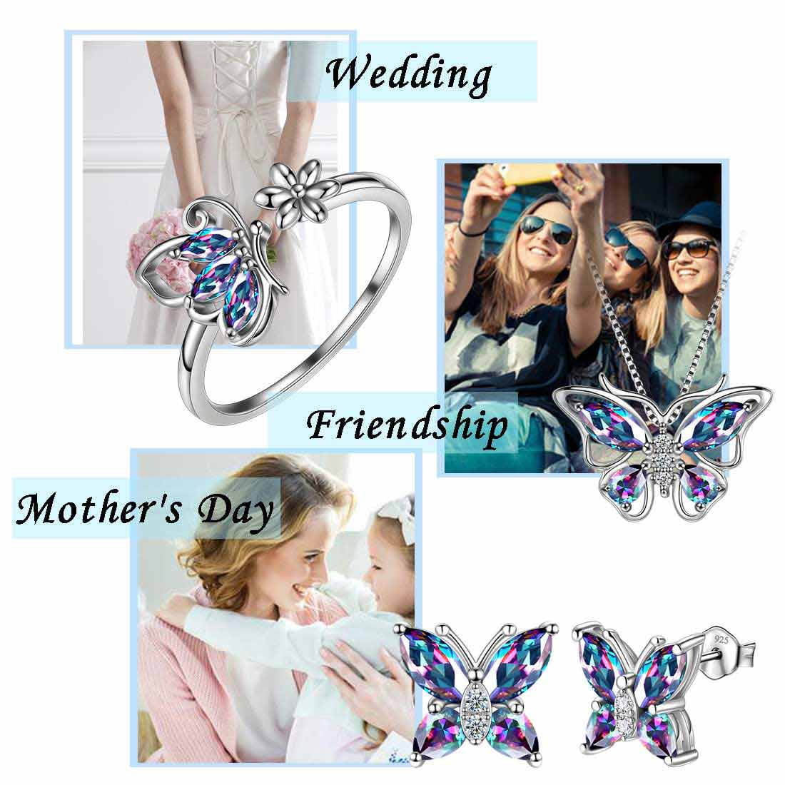925 Sterling Silver Rainbow Mystic Topaz Butterfly Jewelry Set Fine Necklace Earrings Women Mother's Day Gift