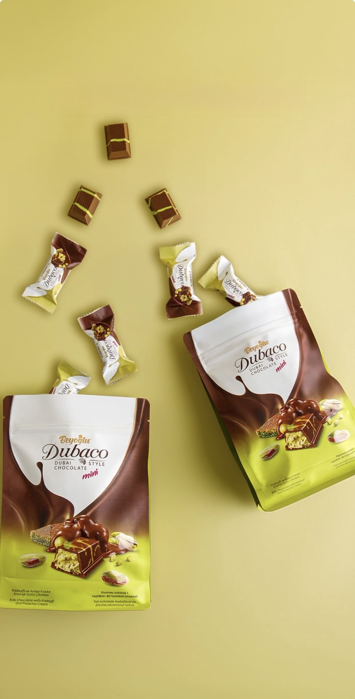 Beyoglu Dubai Chocolate Set – 16pcs Individually Wrapped Pistachio & Kataifi Filled Chocolate & 3.35 oz Dubai Chocolate Bar – Premium Middle Eastern Dessert
