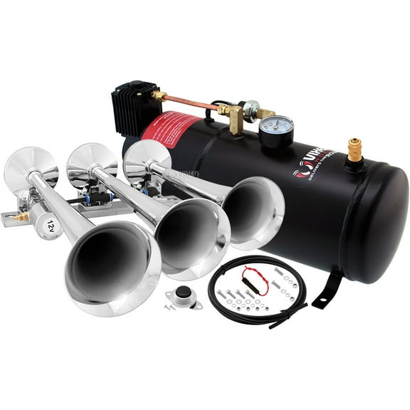 Vixen Horns Train Horn Kit for Trucks/Car/Semi. Complete Onboard System- 150psi Air Compressor, 1 Gallon Tank, 3 Trumpets. Super Loud dB. Fits Vehicles like Pickup/Jeep/RV/SUV 12v VXO8210/3118