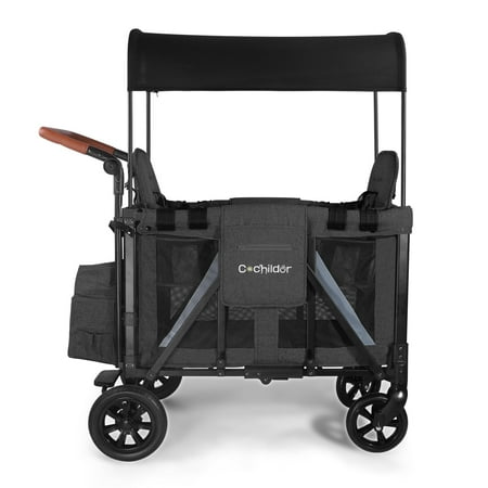 Cochildor Wagon Stroller for 2 Kids, Foldable Stroller Wagon with 2 High Seats, 5 Point Harness, Removable Canopy, Adjustable Handle Bar, Light Grey
