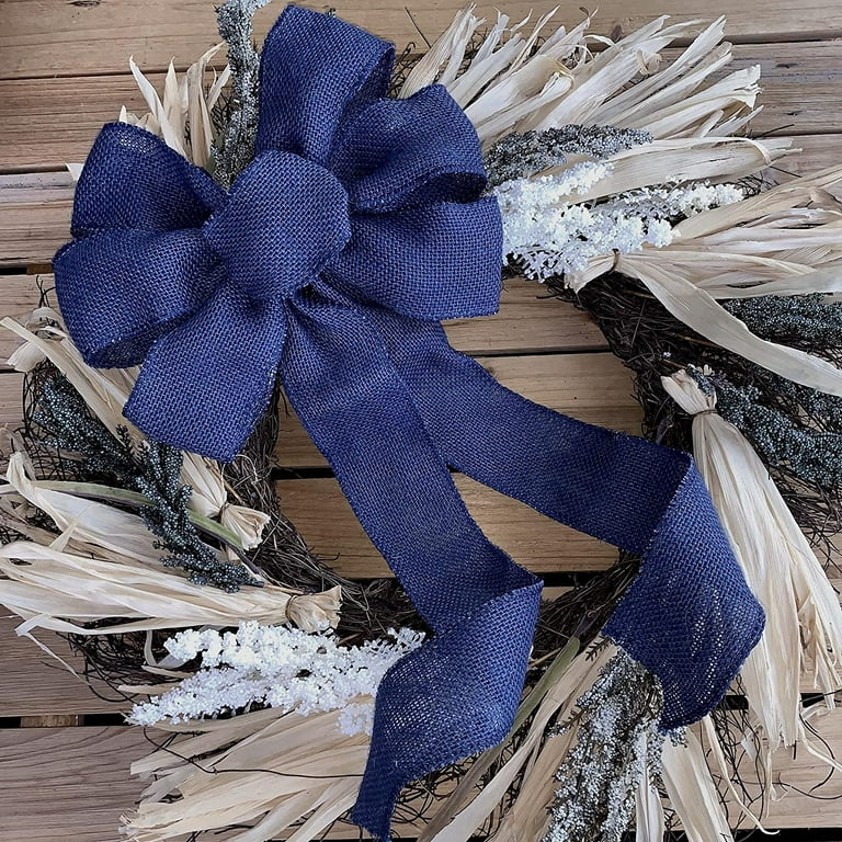 Navy Blue Burlap Wreath Bow - 10 Wide, 18 Long Tails, Fall, Christmas,  Veteran's Day, 4th of July 