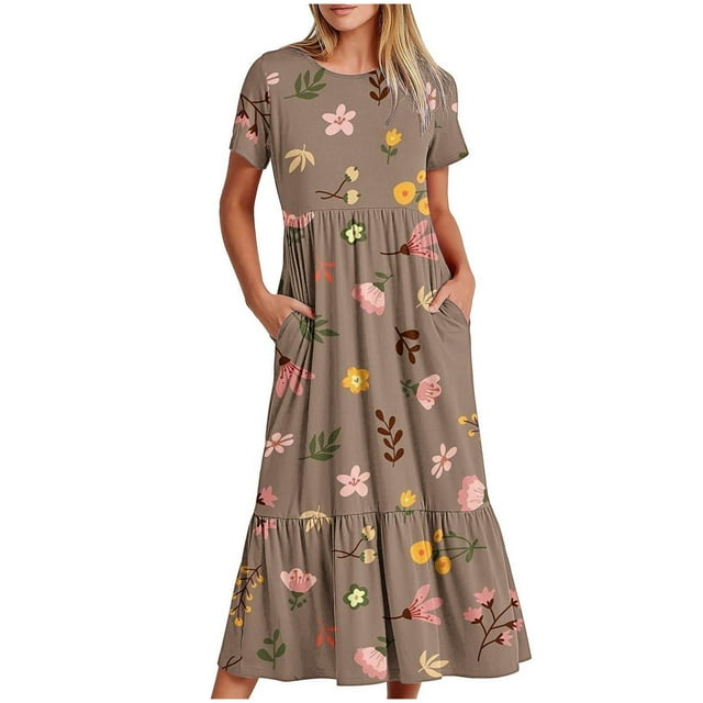 Fshaion Robe d'Été pour Femmes 2024 Grande Taille Manches Courtes Col Rond Ample Imprimée Couleur Longue Robe Liquidation à Moins de 10!