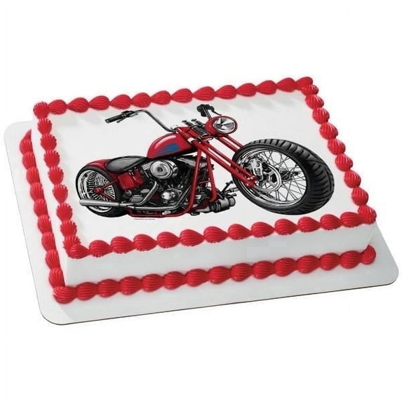 Red, Black & Chrome Ape Hanger Motorcycle Birthday Edible Icing Image Cake topper, by Tnct.