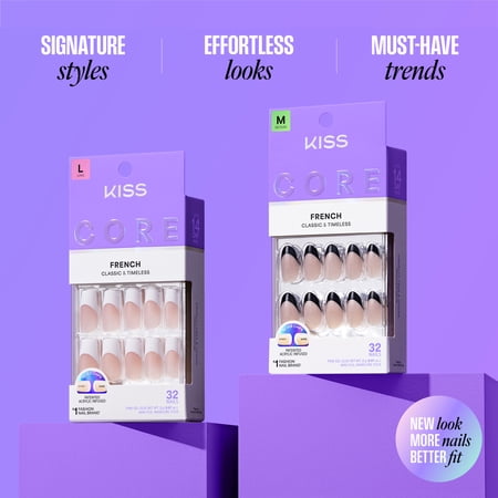 KISS CORE French Tip Press On Nails, ‘Snapshot’, White, Short Squoval, 32 Count