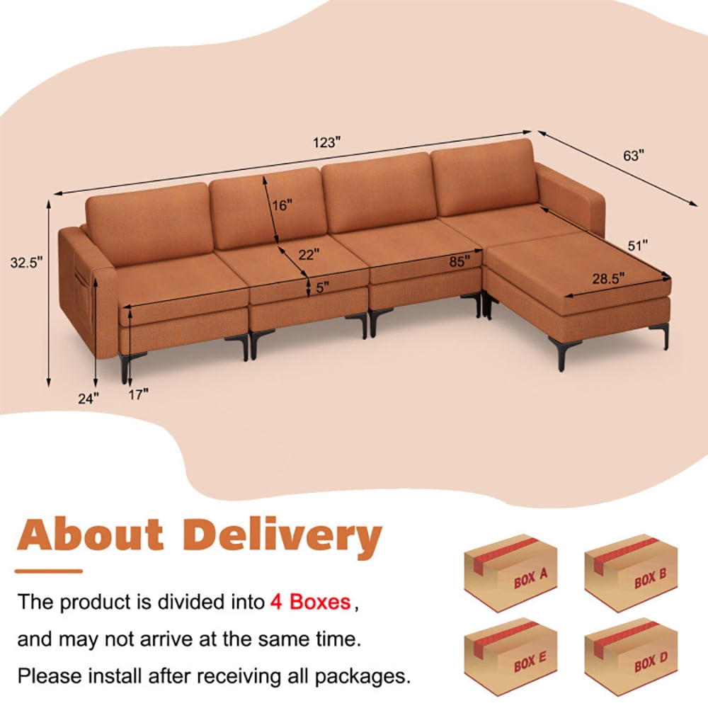 Finihen L-shaped Sectional Sofa Couch, Convertible Sectional Sofa, Modular L-shaped Sectional Sofa with Reversible Ottoman and 2 USB Ports, for Living Room, Orange