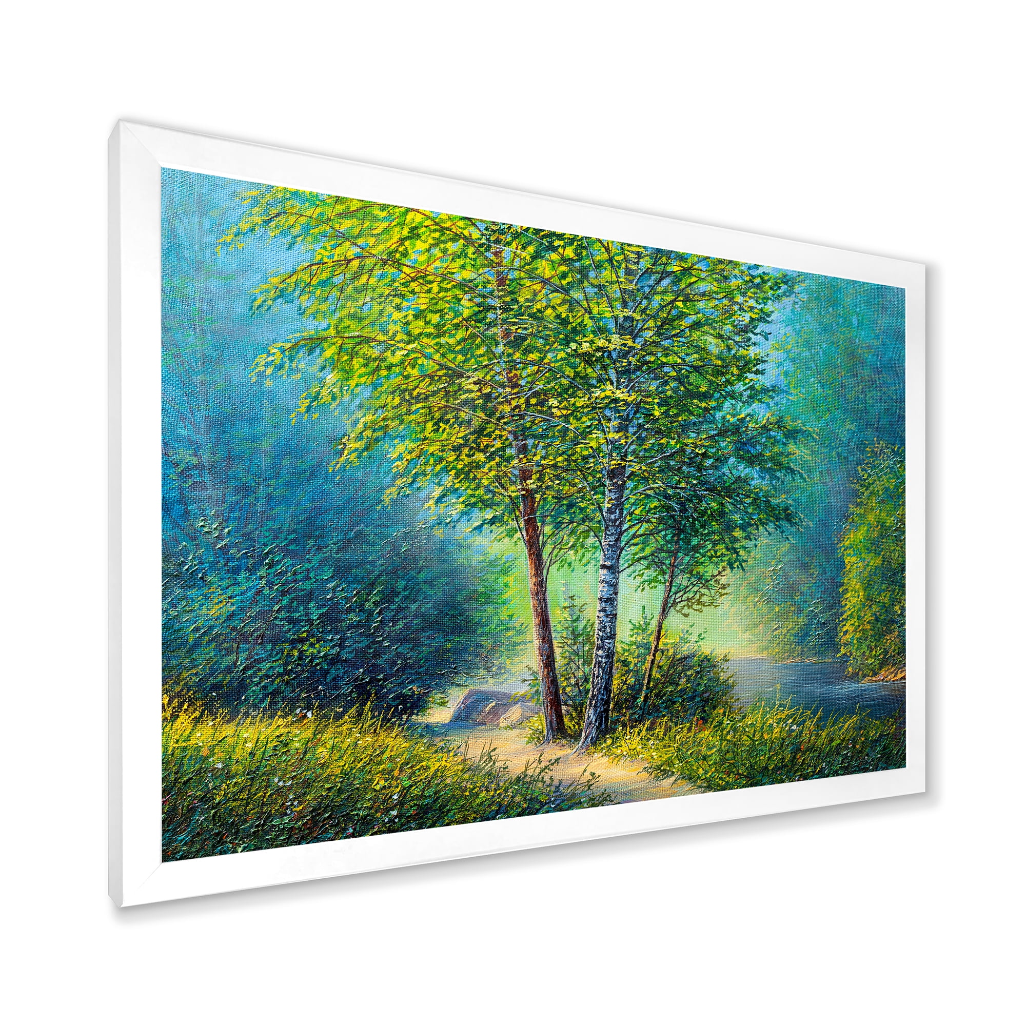Designart 'Three Vibrant Green Trees By The River' Lake House Framed Art Print