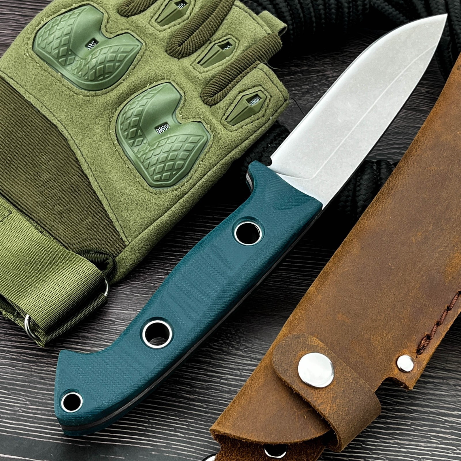 9.06'' Full-Tang D2 Steel Fixed Blade Knife, Teal G10 Handle & Leather Sheath for Camping Hiking