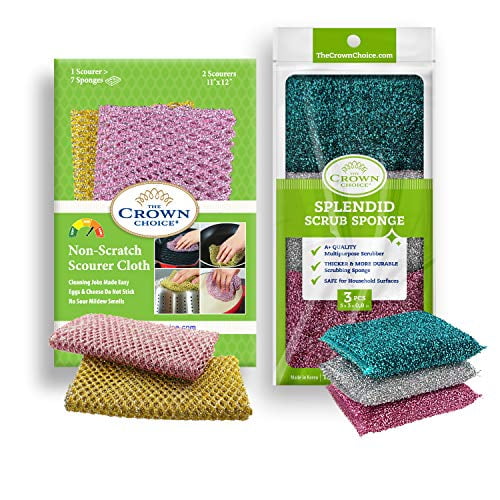 Splendid Sponge Scrubber + Non Scratch Scourer Bundle for Cleaning