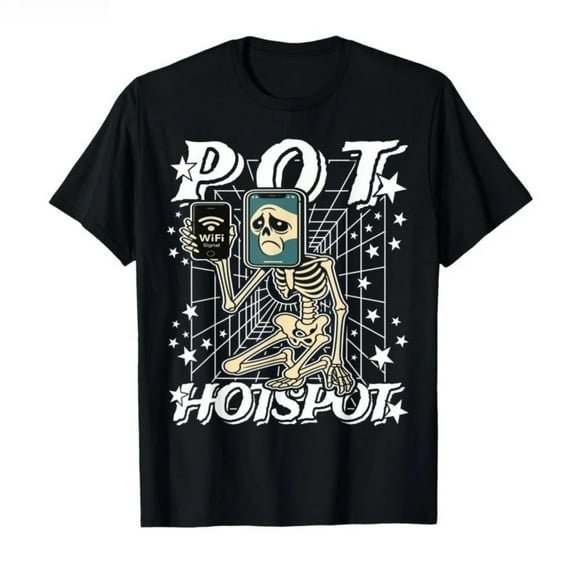 Casual Tech Humor Graphic Tee, Tops Has "POT HOTSPOT" & Skeleton - WiFi Phone Design, Round Neck Regular Fit T - shirts, Size(S - 5XL)