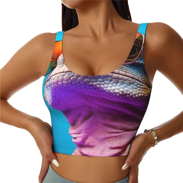 Balery Lizard With Sunglasses Colorful Sujetadores deportivos con espalda cruzada para mujer, acolchados, sin costuras, de alto impacto, ideales para yoga, gimnasio, entrenamiento y fitness.-Small