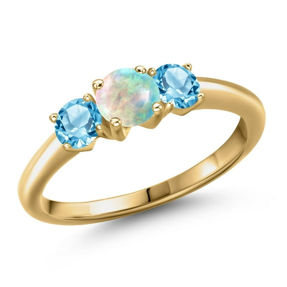 Gem Stone King 18K Yellow Gold Plated Silver Simulated White Opal and Swiss Blue Topaz 3-Stone Engagement Ring for Women | 1.21 Cttw | Three Stone Wedding Engagement Anniversary Ring | Siez 9