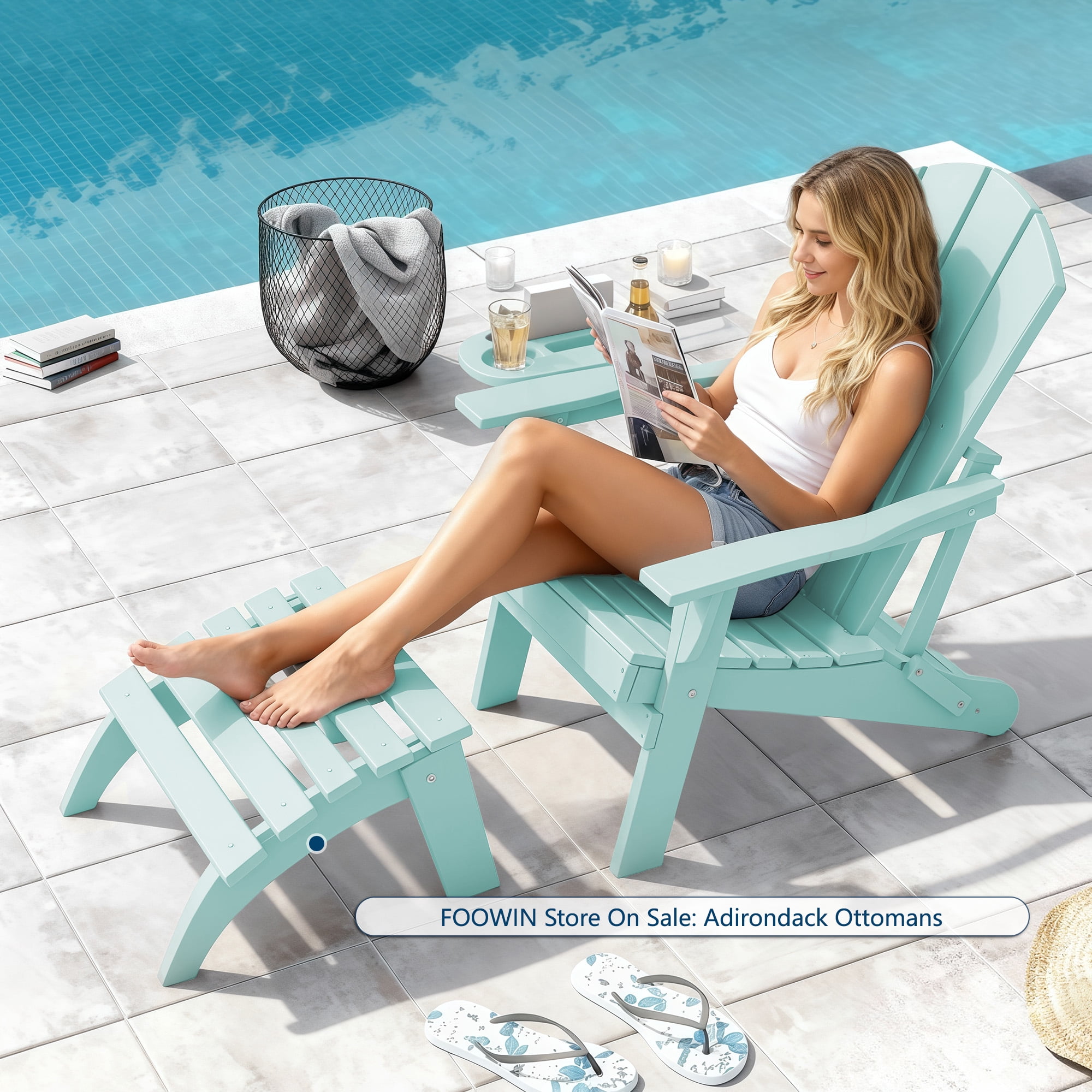 FOOWIN Folding HDPE Adirondack Chairs Set of 6, Aruba Blue