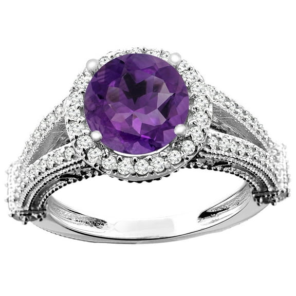 10K White Gold Genuine Amethyst Ring Round 8mm Diamond Accent size 5