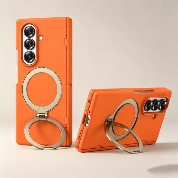 For Samsung Galaxy Z Fold 6 Phone Case,360°Rotatable Ring kickstand,Compatible with Mag-Safe,Hinge Protection,Skin-Feel Shockproof Non-Slip Anti-Scratch Rugged Phone Case,Orange