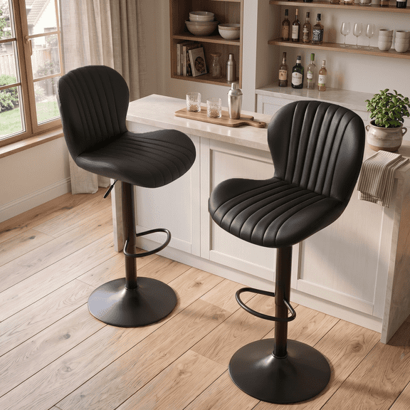 Waleaf Modern Adjustable Bar Stools Set of 2, Faux Leather Upholstered Swivel Counter Stools, Counter Height Bar Chair with Back for Kitchen Island