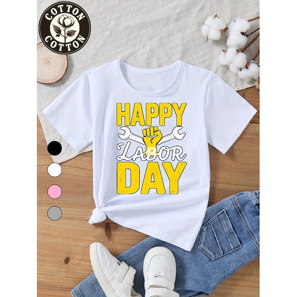 Children's T-Shirt Pure Cotton T-Shirt Happy Labor Design with Wrenches and Fist Print Gift for Boys and Girls Available Perfect for School Events and Daily Wear