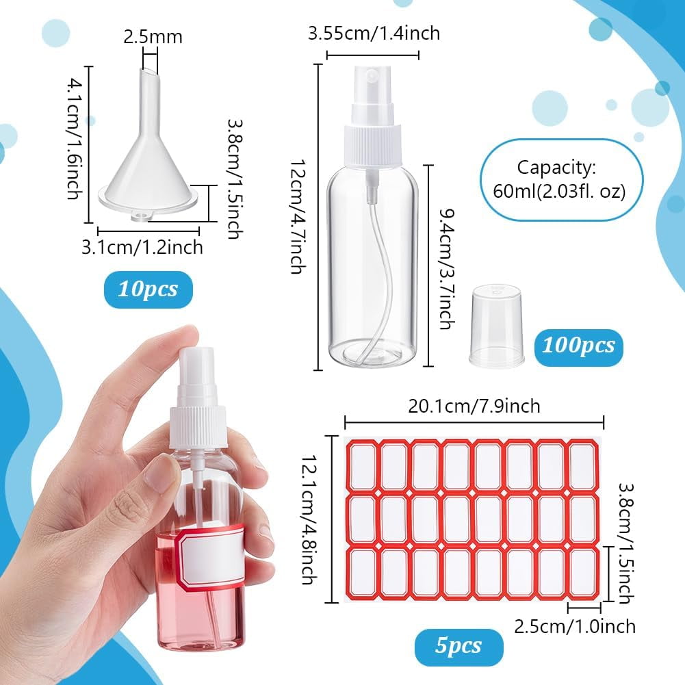 100pcs Small Spray Bottles 2oz/60ml Plastic Empty Spray Bottle Transparent Refillable Travel Bottle with 10pcs Small Funnel and 120pcs Bottles Labels