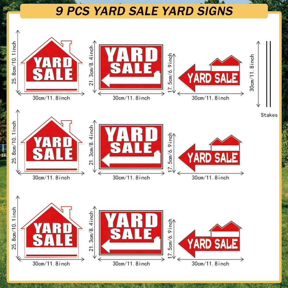 9Pcs Yard Sale Yard Sign with 18 Stakes Courtyard Auction Lawn Decorations Courtyard Sale Waterproof Sign Yard Outdoor Red and White Decorative Sign