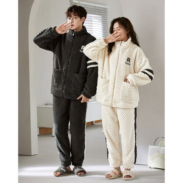 Pijamas de pareja de otoño e invierno de forro polar coral grueso para mujer, franela de invierno con dibujos animados para hombre, ropa de casa, traje con cremallera