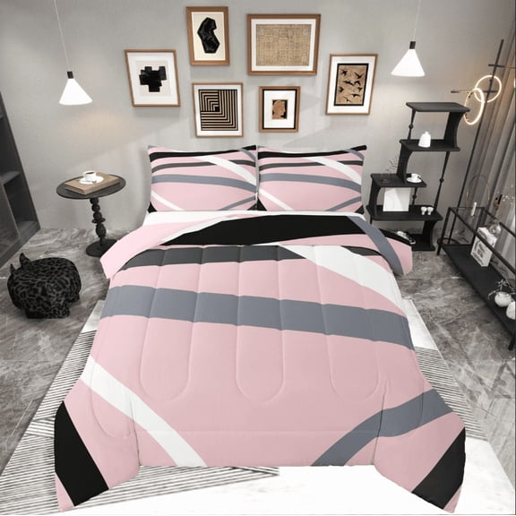 Castle Fairy Abstract Stripes 3-Piece Full Size Comforter Sets,Pink Grey Bedding Comforter Set,Geometric Theme Lightweight Bedding Sets,Breathable Geometric Home Decor,Reversible