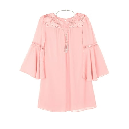 Amy Byer Girls' 7-16 Bell-Sleeve A-Line Dress With Necklace