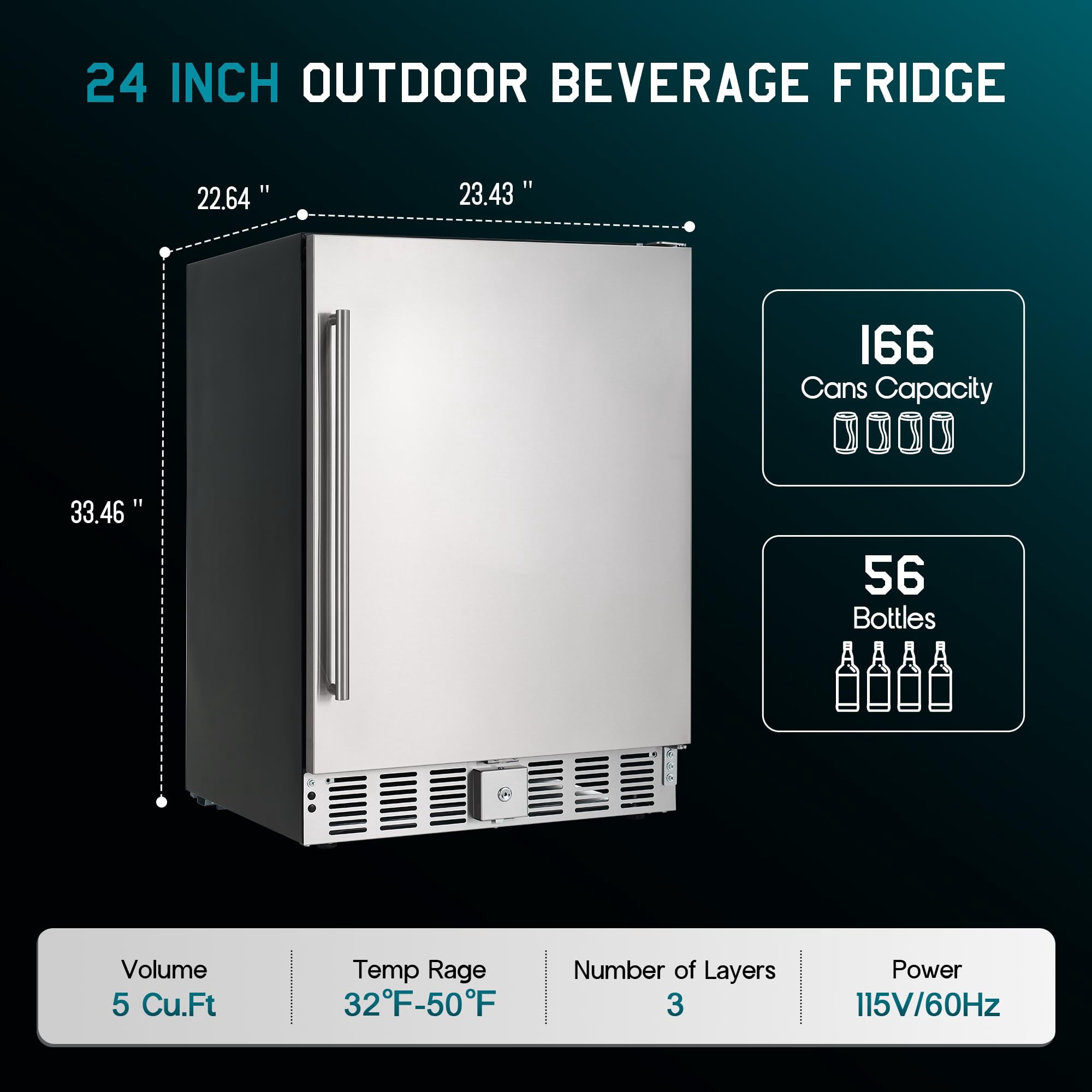 Jocisland 24 in Outdoor Beverage Fridge, 5.0 Cu.Ft Beverage Refrigerator Holds 166 Cans, 32-50°F Drink Cooler, for Patio & Backyard