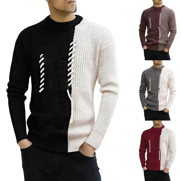 Men's Mock Turtleneck Sweater Color Block Ribbed Knit Thermal Pullover for Fall and Winter Casual Wear, Ideal for Christmas Parties,Black,2XL