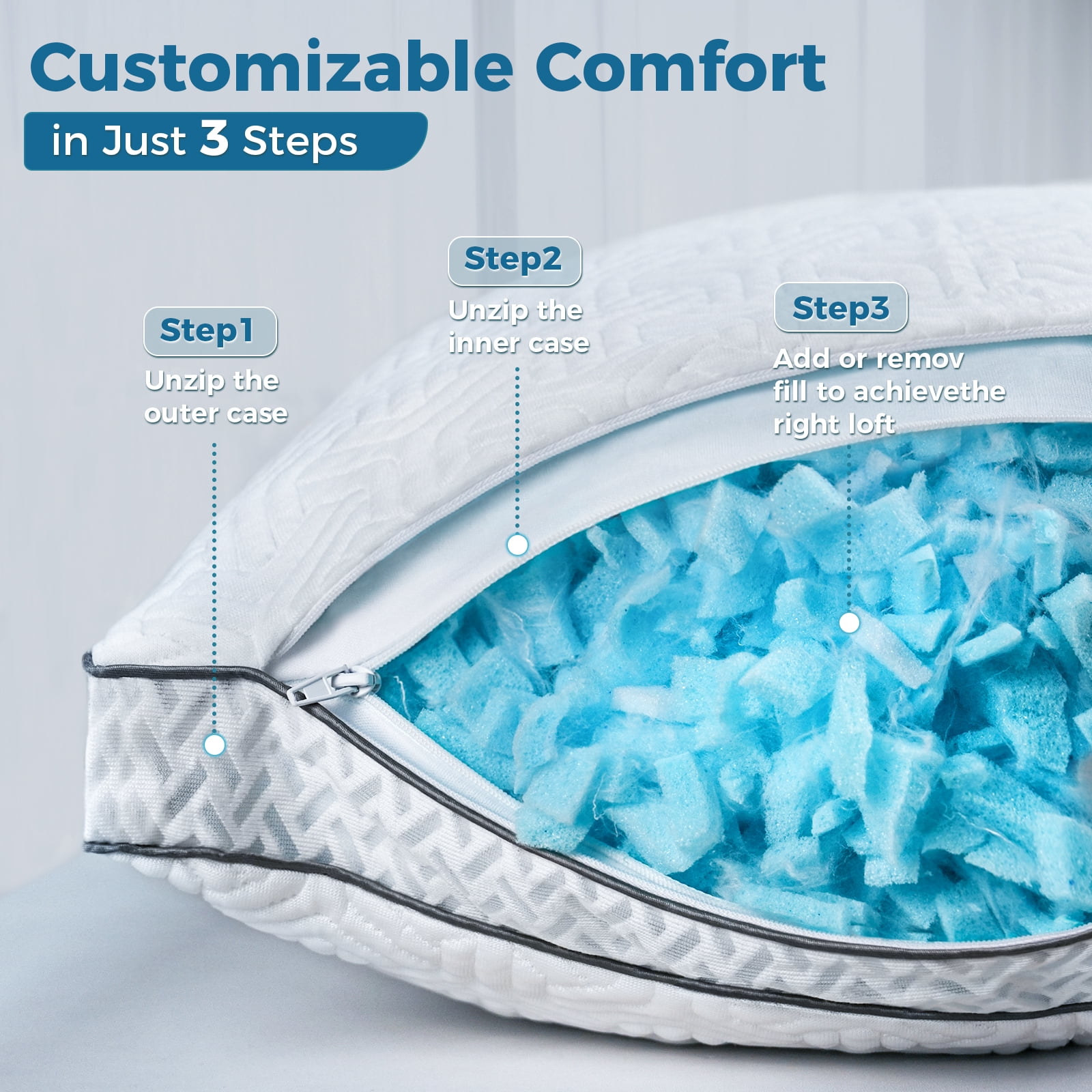 COOKEY Cooling Shredded Memory Foam Pillows Queen Size Set of 2, Adjustable Firm Bed Pillow with Gusset for Side, Back, Stomach Sleepers,20"x30"