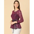 thumbnail image 4 of AllegK Blusas Tops Peplum De Encaje Semitransparente De ManLarCon CintuAnudaPaMujer PúrpuM, 4 of 6