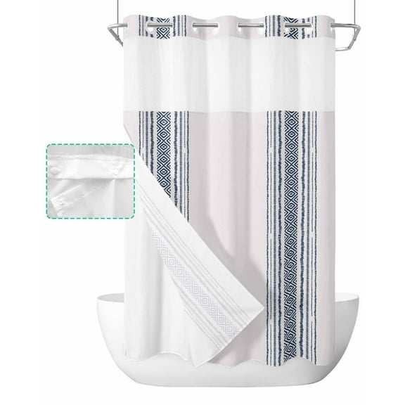 No Hook Shower Curtain with Snap in Liner, Boho Blue Geometric Striped Farmhouse Style Hotel Shower Curtains for Bathroom, Washable Shower Curtain Liner Set with Mesh Top Window, 36"x72"