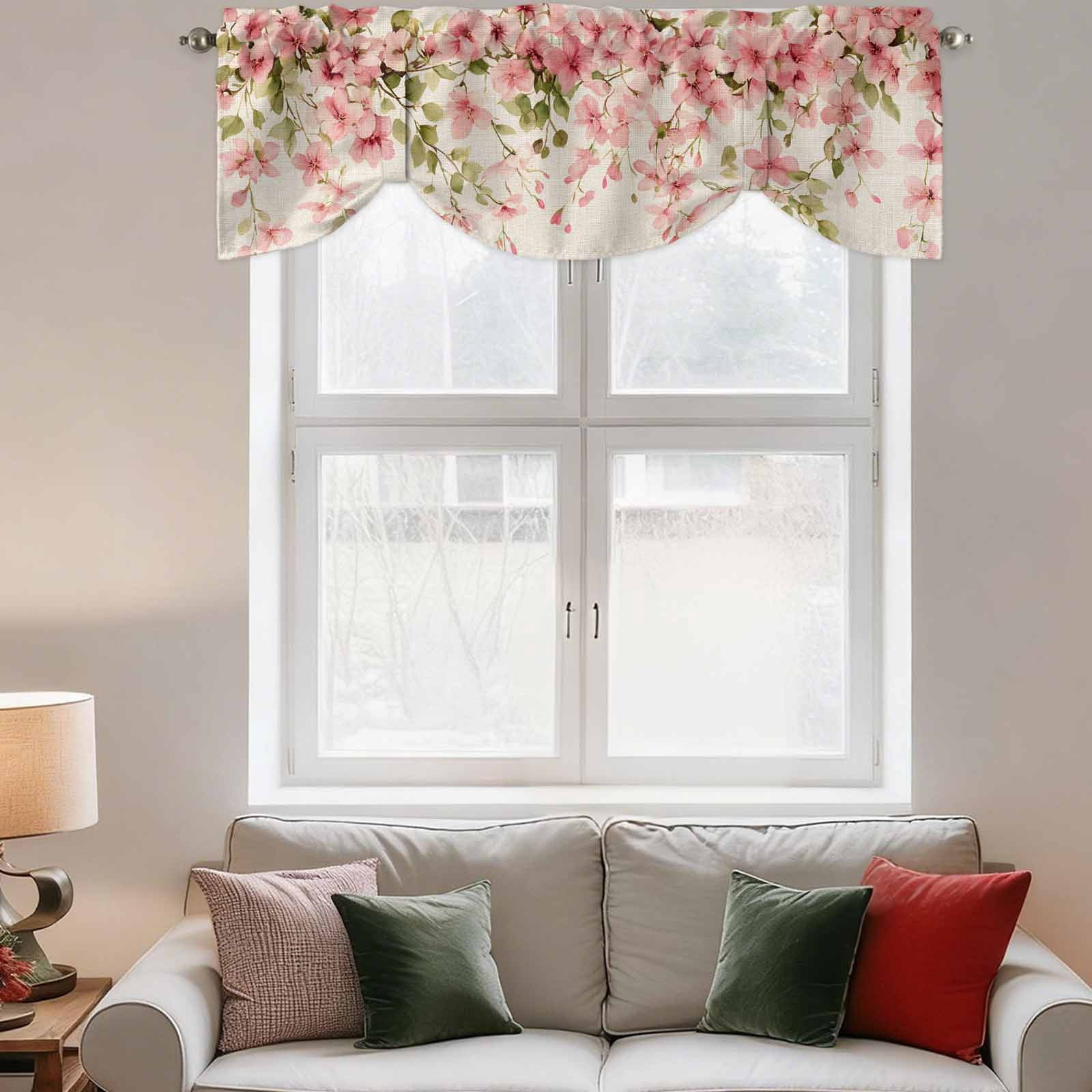 Spring Floral Tie Up Valance for Windows, Pink Flowers Green Leaves Linen Texture Adjustable Rod Pocket Tie Up Valance Curtains Window Treatment for Kitchen Bathroom Bedroom 60 X 18 Inch