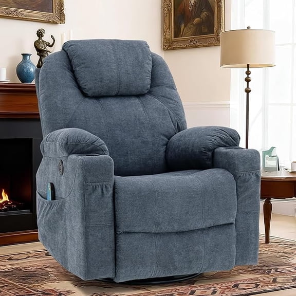 EPICOZY Manual Swivel Rocker Recliner Chair with Heat and Vibration, 360° Swivel Glider Massage Lounge Chair, Ergonomic Single Reclining Sofa with 2 Cup Holders Side Pockets & USB Port, Bluish Grey