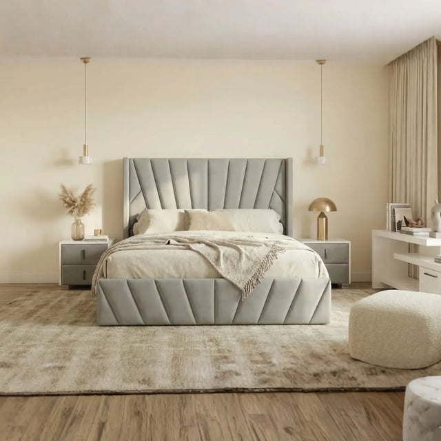 Velets King Bed Frame with Hydraulic Lift Storage, Upholstered Platform Bed, Tufted Headboard, Wood Slats, No Box Spring Needed