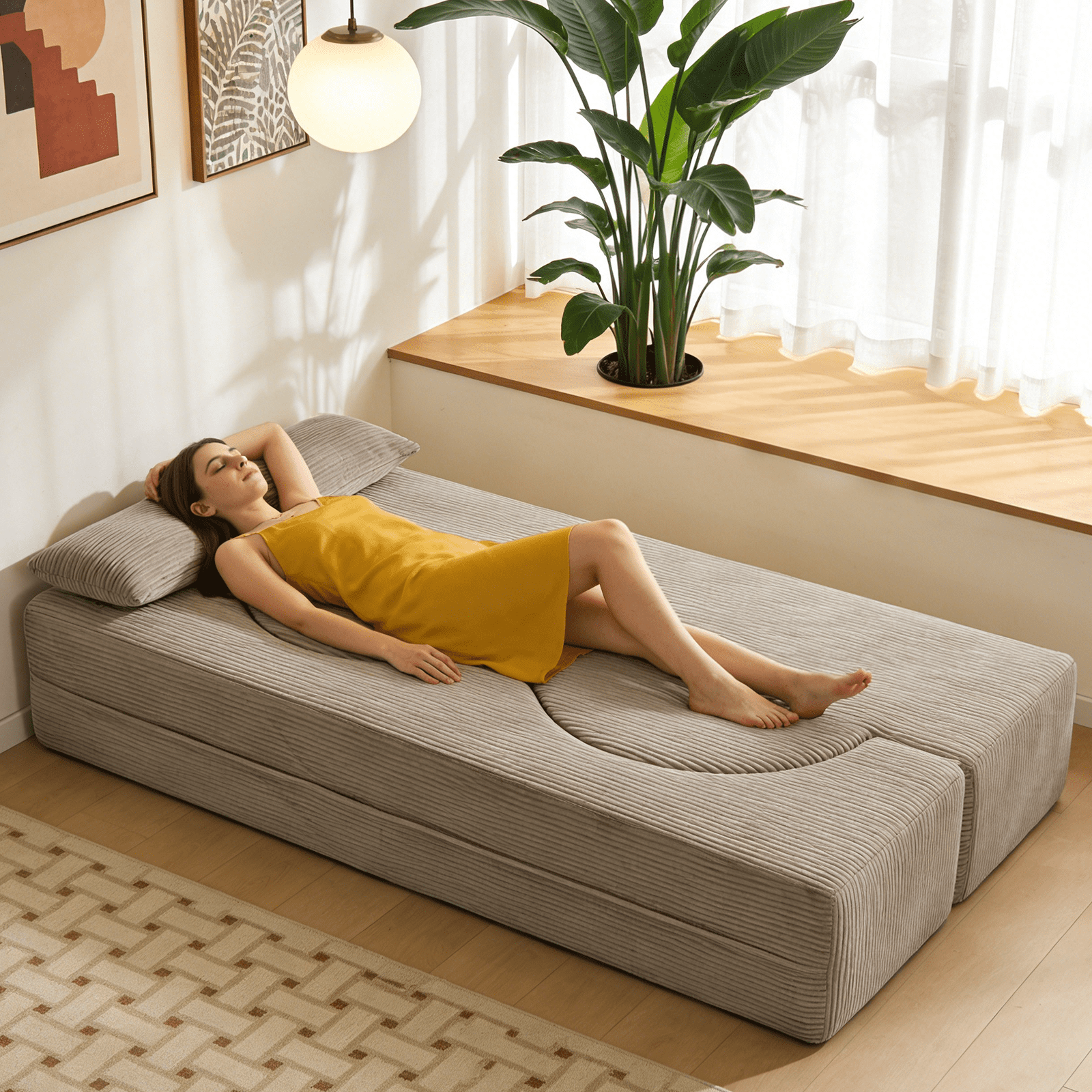 MOONMISS 75'' Folding Boneless Couch, 2-in-1 Sleeper Sofa Bed with Memory Foam, Foldable Sofa with 2 Pillows Living Room, Apartment No Assembly,Grey