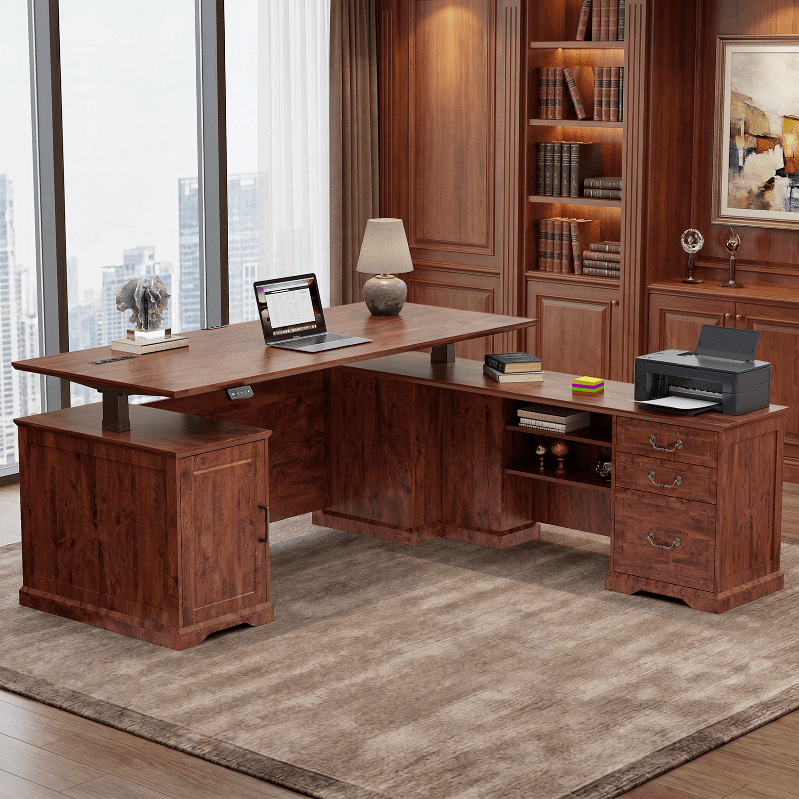71" L-Shaped Executive Standing Desk, Retro Brown Sit Stand Desk with Drawers, AC/USB Outlets, Storage Cabinet & Privacy Panel for Office & Home